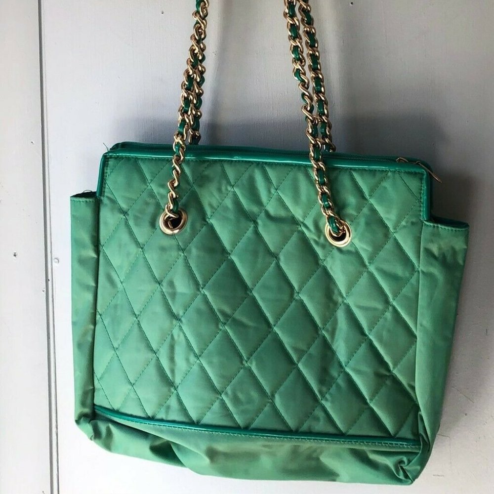 Capezio Tote Shoulder Bag Quilted Gold Chain Green